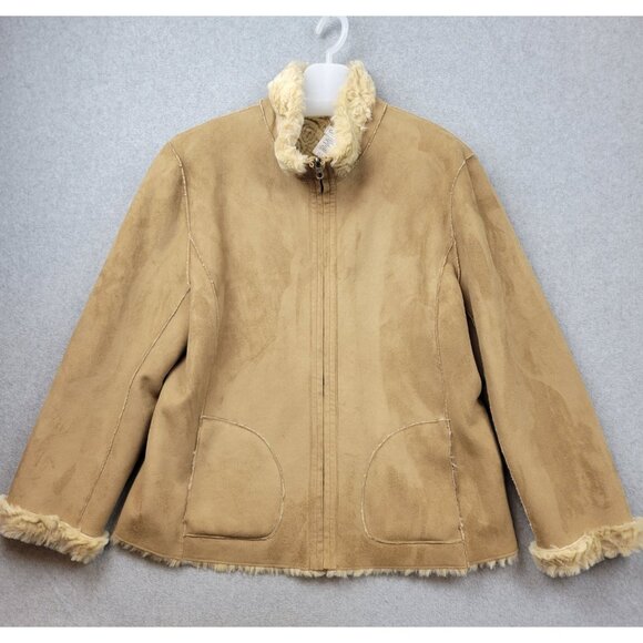 Vintage Y2K Womens Medium Tan Faux Suede Faux Fur Jacket Coat Coldwater Creek - Picture 1 of 12